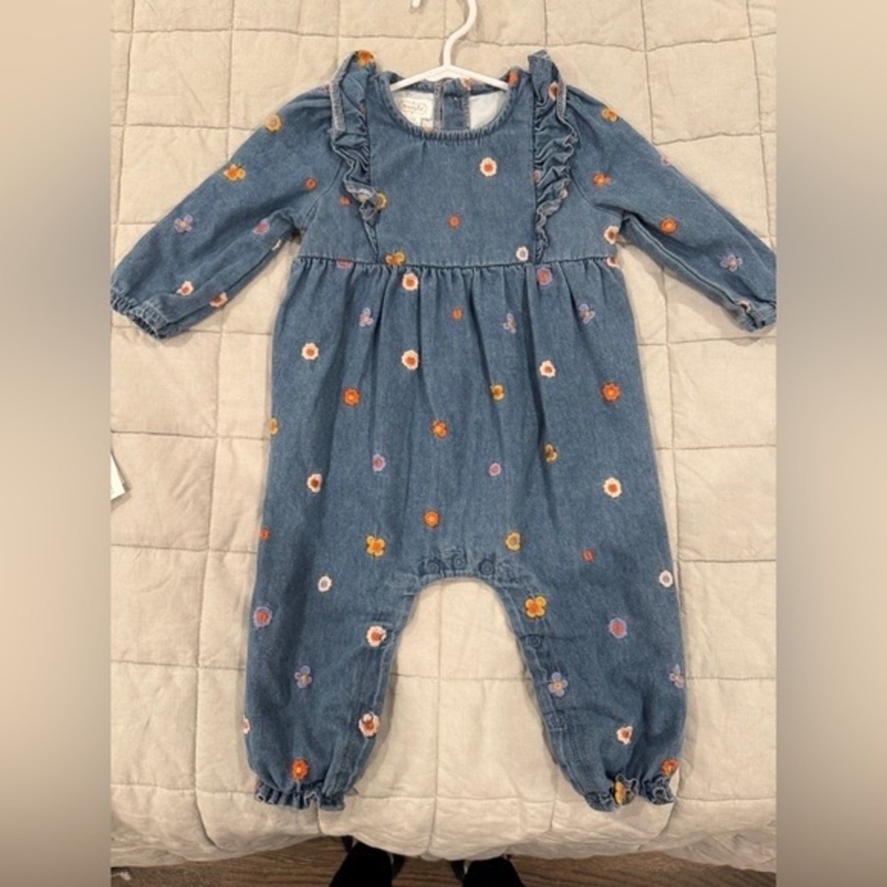Mud Pie Blue Denim Baby Romper with Floral Accents